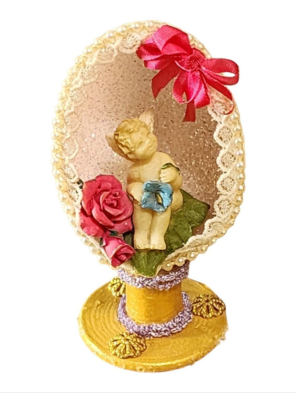 Vintage Handmade Egg Diorama With Cherub Roses Floral Beaded Kitchy Fairy Pink